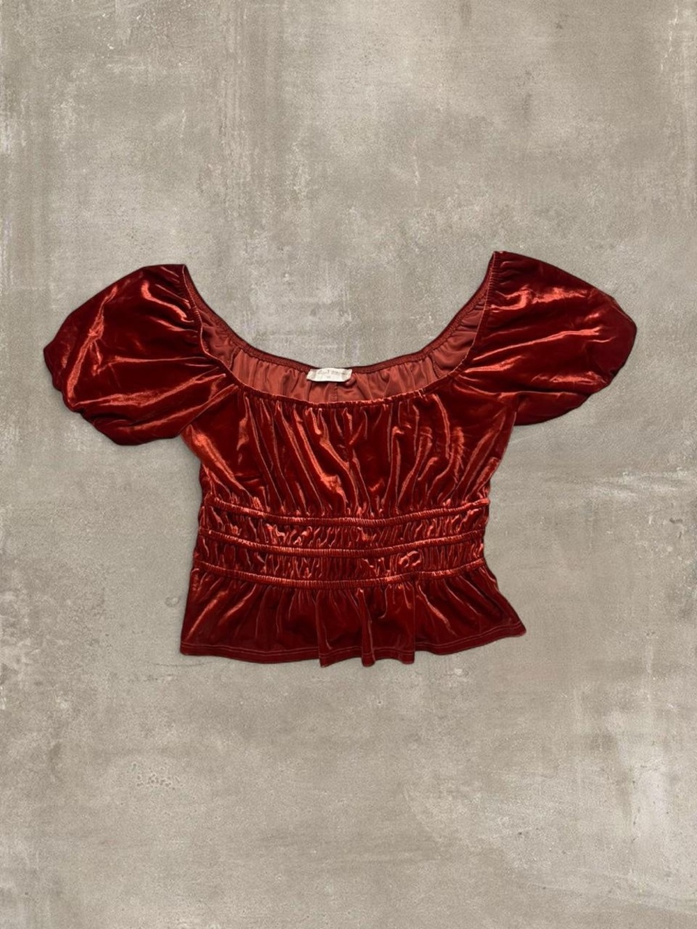 Red Velvet Puff Sleeve Smocked Peplum Crop Top XS Cottagecore Romantic